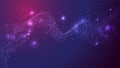 Abstract wave mesh, cluster of scattering glitter star, and comet, on purple blue background.