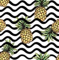 Abstract wave seamless pattern with pineapple. Stylish geometric