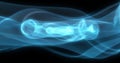 Abstract waves of blue energy magic smoke and glowing lines on a black