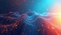 Abstract waves of blue, orange light particles flow across dark backdrop. Dynamic energy pulses through digital networks, Royalty Free Stock Photo