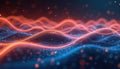 Abstract waves of glowing particles flow in blue and orange. This digital data stream creates an energetic, futuristic flow. It Royalty Free Stock Photo