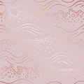 Abstract waves seamless pattern. Soap bubbles. Rose gold waves. Pink background. Wavy line with bubbles. Roses golden backdrop for