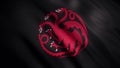 Abstract waving flag with a red three headed dragon on black background, seamless loop. Symbol of Targaryen family, Game