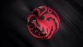 Abstract waving flag with a red three headed dragon on black background, seamless loop. Symbol of Targaryen family, Game