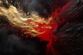 Abstract wavy background. Red and gold acrylic paint on a black background. Imitation marble