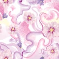 Abstract wavy lines and flowers. Beautiful seamless watercolored floral texture. Endless pattern in bright spring style with