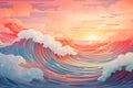 abstract wavy lines in Watercolor pastel colors art sea waves background with clouds and sun