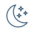 Abstract weather icon with half-moon or waning crescent with stars in clear sky. Simple logo of night time in line art