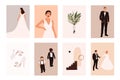 Abstract wedding couple groom and bride, woman portraits, bouquets holiday cards