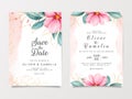 Abstract wedding invitation card template set with watercolor floral and gold glitter decoration. Flowers and leaves botanic