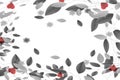 Abstract white background with black, white leaves and red hearts pattern