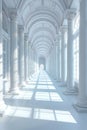 Of abstract white background with shadows and light from windows, futuristic architecture, long corridor with pillars Royalty Free Stock Photo
