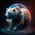 abstract white bear in space with planet earth.