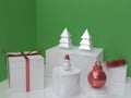 Abstract white christmas tree,metallic red ball white glossy snowman and gift box green background 3d render Royalty Free Stock Photo