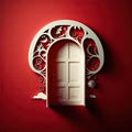Abstract white closed door with patterns on red background. Beautiful fantasy door. Tender doorway. Fairy tale house Royalty Free Stock Photo