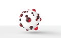 Abstract white concrete sphere with red bubbles 3d rendering. Alien object on white background