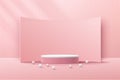 Abstract white cylinder pedestal podium, Light pink empty room, Vertical stripes pattern, Curve backdrop. Vector rendering 3d Royalty Free Stock Photo