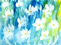 Abstract white flowers on blue , original hand drawn, impressionism style, color texture, brush strokes of paint, art background