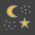 Abstract white and golden moon crescent and stars icons in the sky at night on black Royalty Free Stock Photo