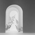 Abstract white and grey stage mockup with contrast arches as gate in garden, fern leaves for presentation cosmetic product, design