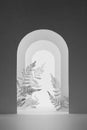 Abstract white and grey stage mockup with contrast arches as gate in garden, fern leaves for presentation cosmetic product, design