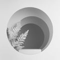 Abstract white, grey stage with pedestal, branches, round arches with light, shadow, perspective, scene mockup in elegant garden.