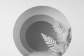 Abstract white, grey stage with pedestal, white branch, tunnel of round arches with light, perspective, scene mockup in simple.