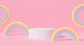 Abstract white podium on pink pastel background cute rainbow cartoon kid. Creative ideas minimal. Realistic 3d render for pedestal