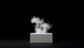 Abstract white smoke billows dramatically from a minimalist white cube against a stark black background creating a captivating Royalty Free Stock Photo