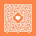 Abstract white square maze. Find the right path to the heart. Labyrinth conundrum. Love search concept. Flat vector illustration i