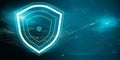 Abstract wide perspective glowing shield hologram on blue backdrop with various blurry icons. Cyber security, data protection