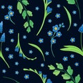 Abstract wildflowers on dark blue background. Blue flowers blossoms flat vector retro seamless pattern.