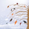 Abstract winter and autumnal landscape with snow -cover tree, birds, snow fall, leaf fall, snowdrifts, sky Royalty Free Stock Photo