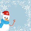 Abstract winter background. Blue color, white snowman and snowflakes. Royalty Free Stock Photo