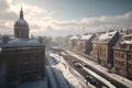 Abstract winter city. Snow-covered roofs and spiers