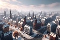 Abstract winter city. Snow-covered roofs and spiers