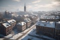 Abstract winter city. Snow-covered roofs and spiers
