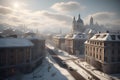 Abstract winter city. Snow-covered roofs and spiers