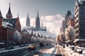 Abstract winter city. Snow-covered roofs and spiers