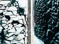 Abstract winter ice background texture of cracked frozen river water surface and floating ice pieces stone pier from above Royalty Free Stock Photo