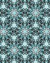 Abstract winter pattern with white and blue fantasy linear snowflakes on black background