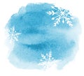 Abstract winter watercolor background snowflakes. light blue blot with paper texture