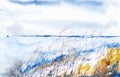 Abstract winter watercolor illustration of a landscape by the lake