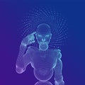 Abstract wireframe female cyborg or robot holds a finger near the head and thinks or computes using her artificial intelligence. Royalty Free Stock Photo