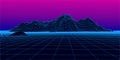 Abstract wireframe landscape 1980s style. Retro futuristic vector grid. Technology neon background with mountains