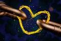 Abstract wiring of a hot coil in the form of a metal chain connected by a heart. Royalty Free Stock Photo