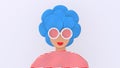 Abstract woman with blue hair. Funny character with sunglasses 3d illustration