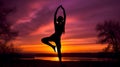 Abstract woman doing yoga beautiful natural sunset background, yoga silhouette. Ai generated