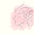 Abstract woman face with floral flowers, girl in profile view with pink watercolor background , Vector illustration drawing Royalty Free Stock Photo