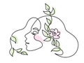 Abstract woman face with flower and leaves. Continuous one line drawing. Royalty Free Stock Photo